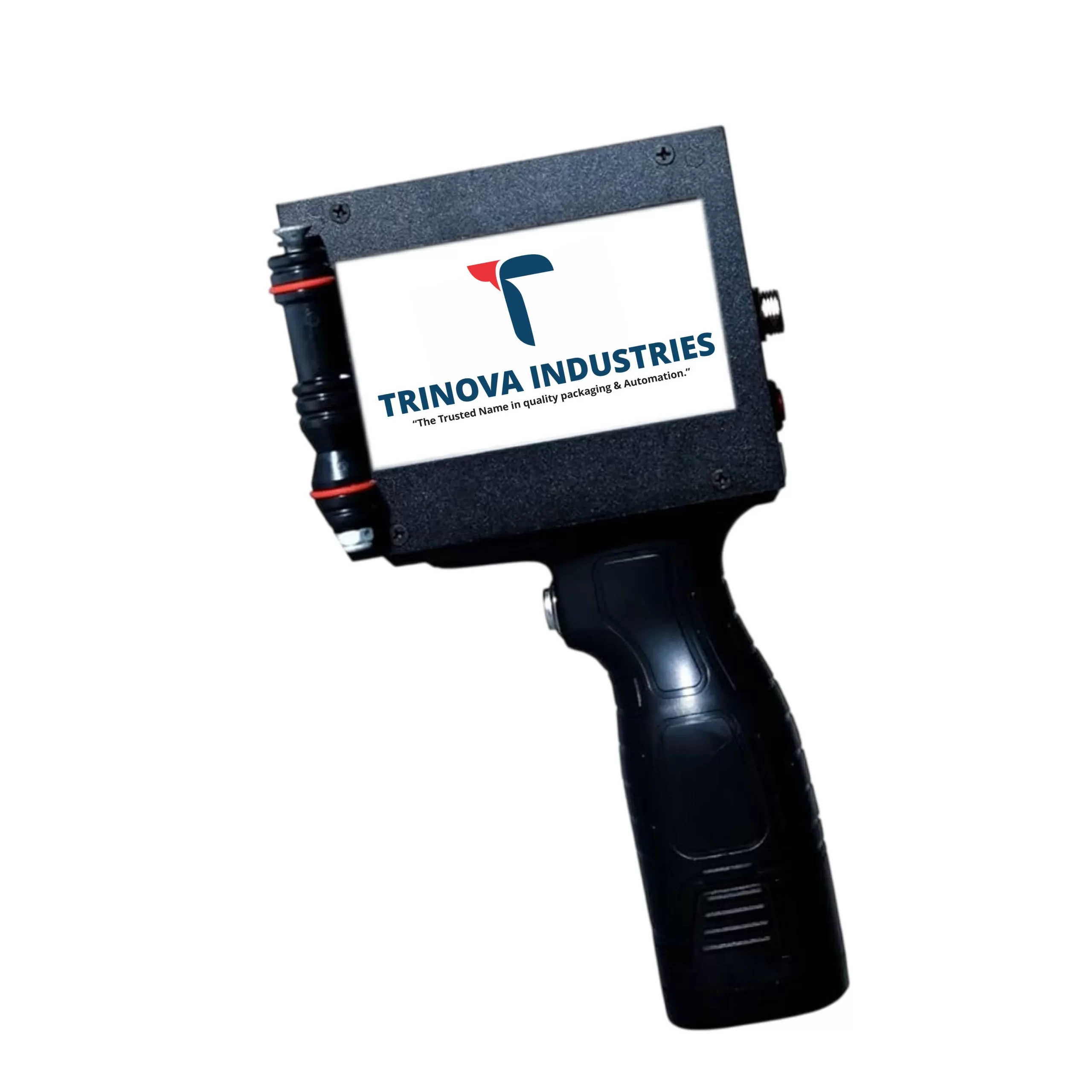 Compact mini handheld printer printing barcode label on packaging box