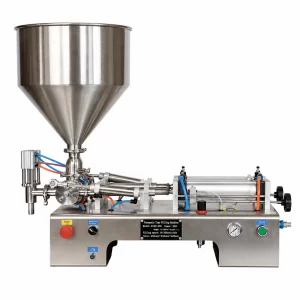 10ml to 100ml Double Head Pneumatic Paste Filler Machine for semi automatic filling of cream, paste, gel, honey, sauce, shampoo, and liquid products with stainless steel body.