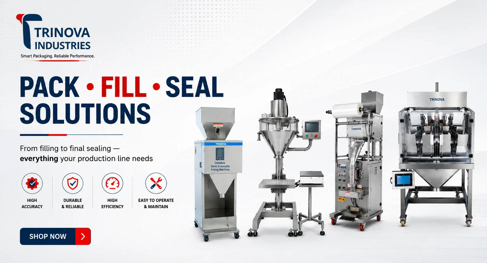 Trinova Industries packaging machines including filling machine, weighing system, vertical packaging machine and industrial filling solutions